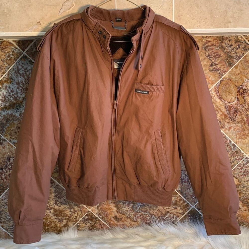 Brown Member's Only Classic Racer Jacket with Detachable Fuzzy Lining Size 46